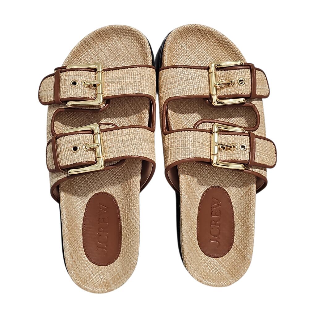 J Crew Marlow Sandals Raffia Womens 8 Leather Chucky Buckle Gold Tone Slip On